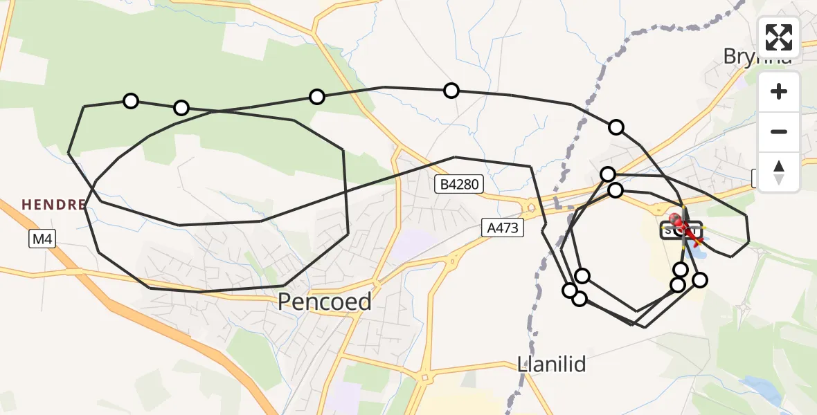 Routekaart van de vlucht: Air Ambulance Helicopter to Brynna, New Road