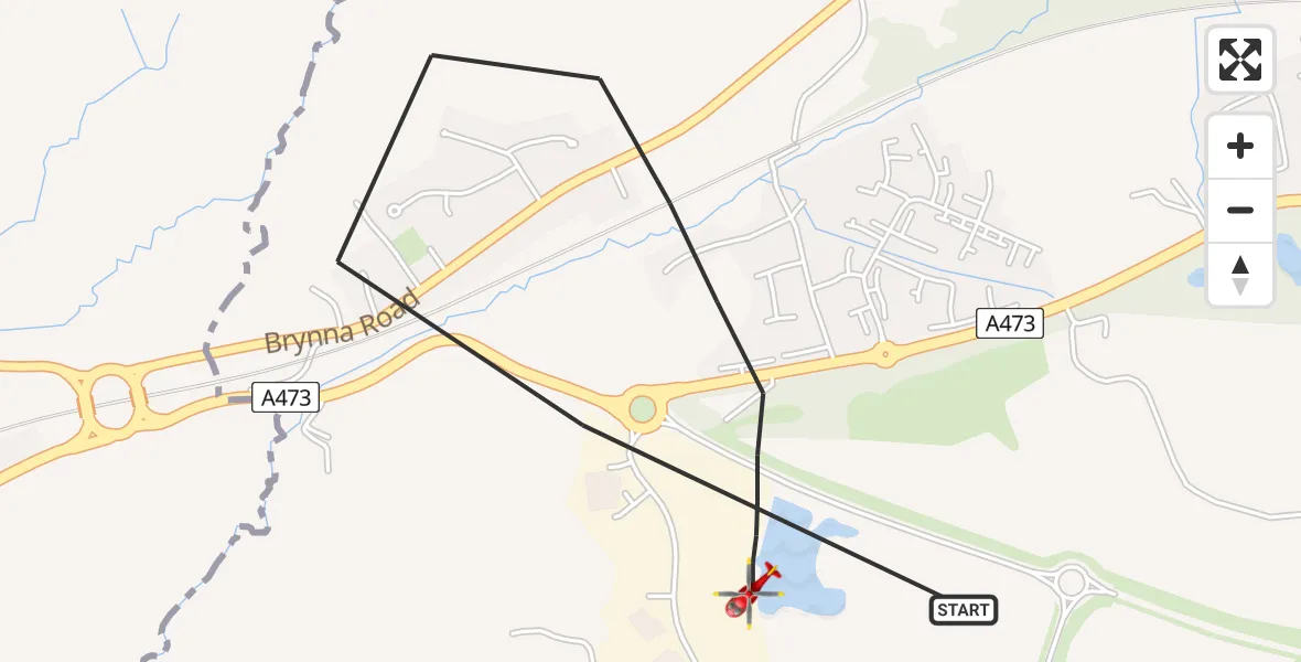 Flight path map showing Air Ambulance Helicopter route from Brynna to Brynna