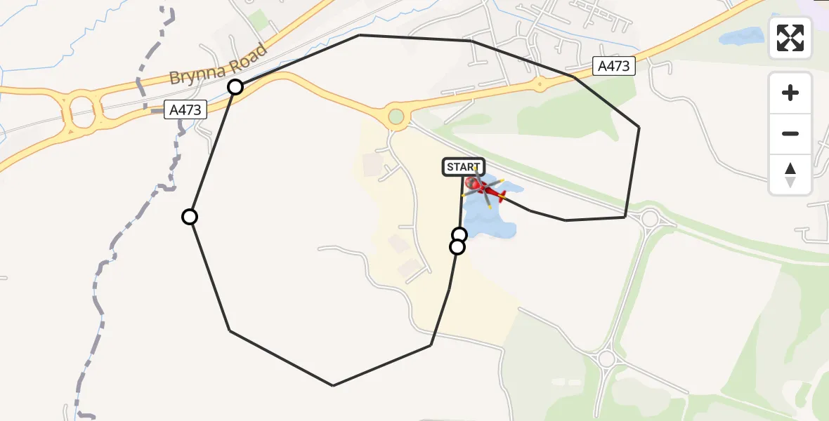 Flight path map showing Air Ambulance Helicopter route from Llanilid to Brynna