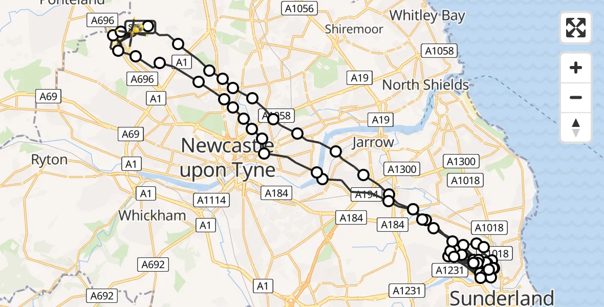 Flight path map showing Police Helicopter route from Newcastle International Airport to Woolsington