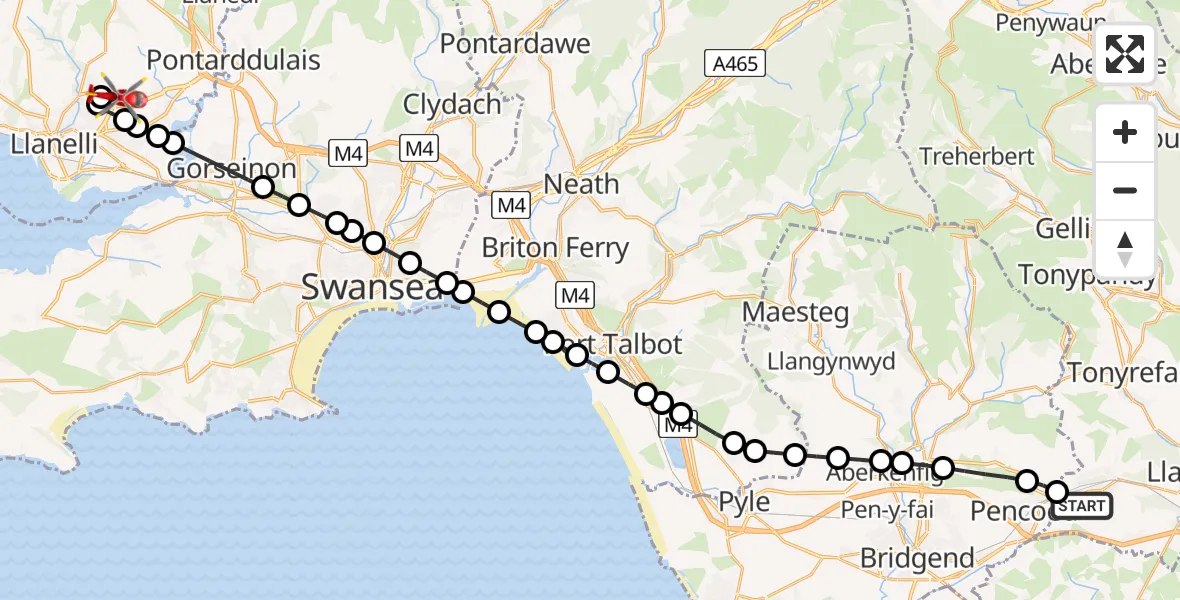 Flight path map showing Air Ambulance Helicopter route from Brynna to Dafen