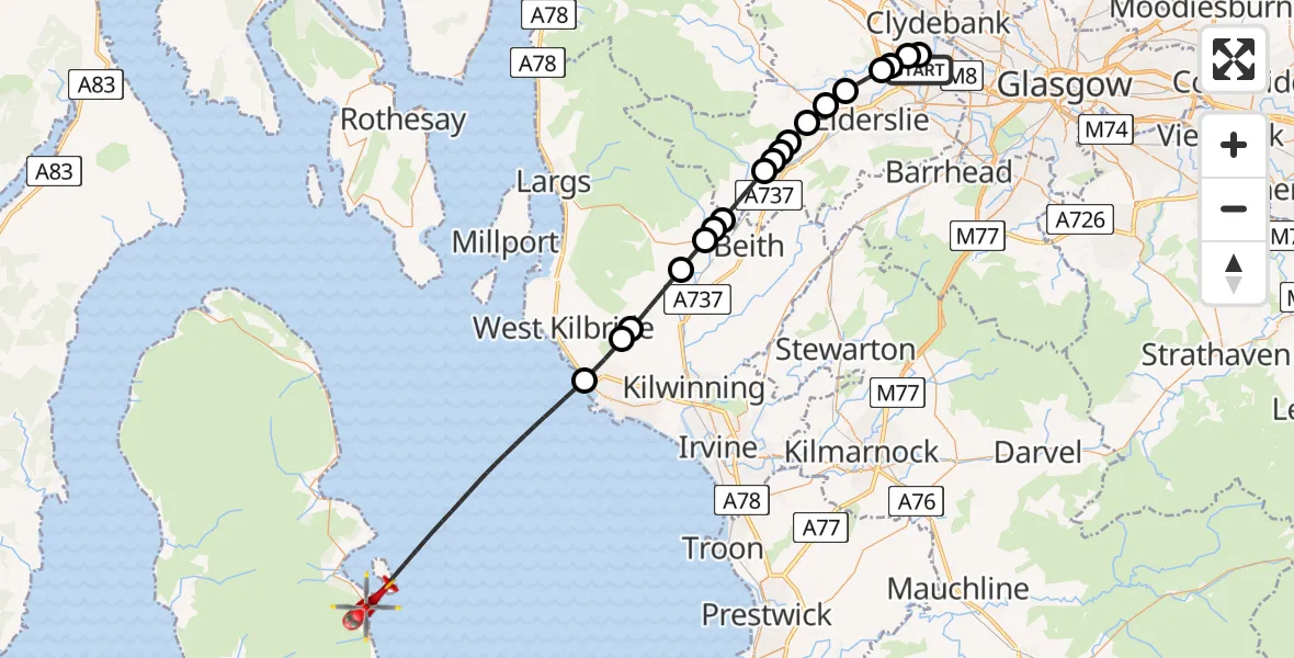 Flight path map showing Air Ambulance Helicopter route from Glasgow Airport to Inner Seas