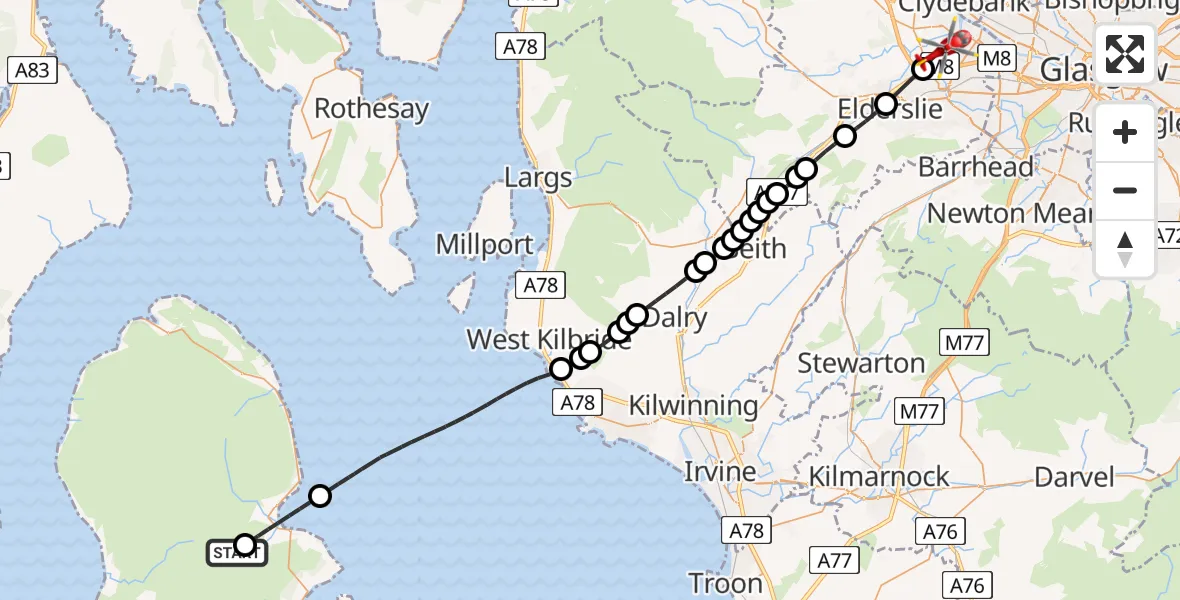 Flight path map showing Air Ambulance Helicopter route from North Ayrshire to Glasgow Airport