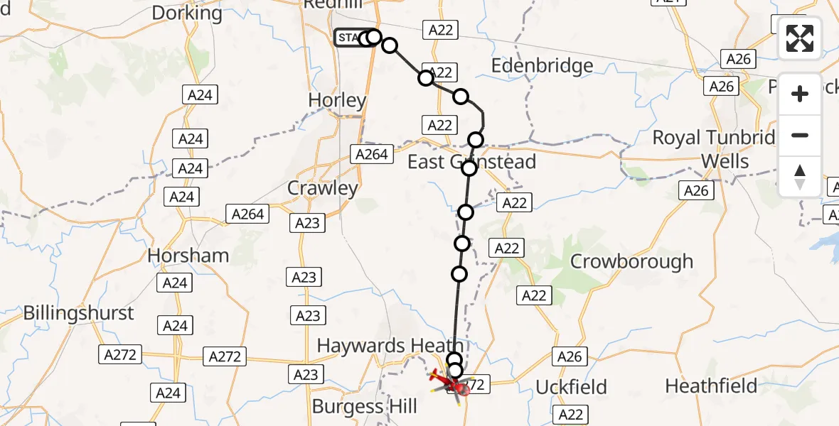 Flight path map showing Air Ambulance Helicopter route from Redhill Aerodrome to Lewes