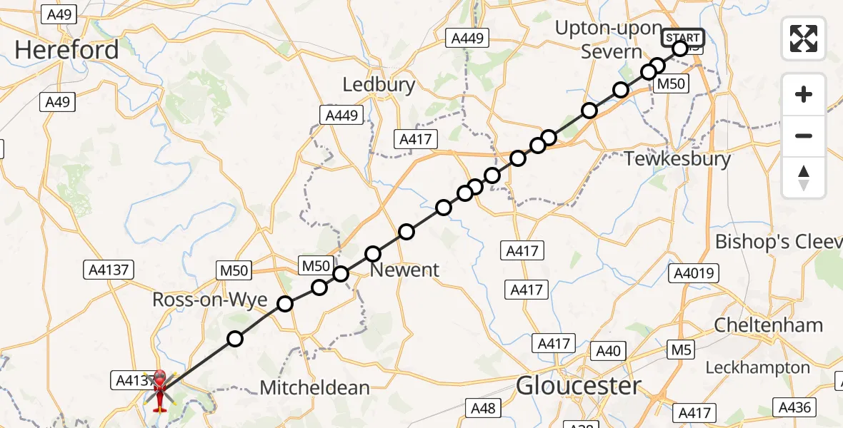 Flight path map showing Air Ambulance Helicopter route from Kinnersley to Goodrich