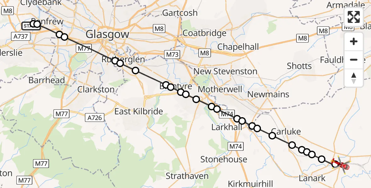 Flight path map showing Air Ambulance Helicopter route from Glasgow Airport to Ravenstruther