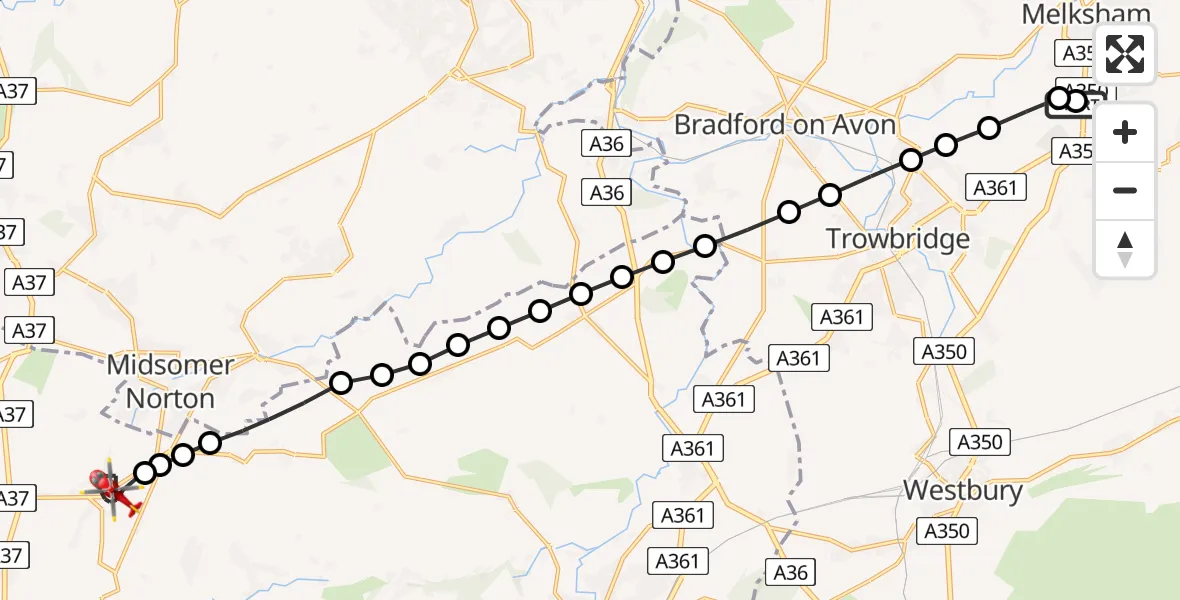 Flight path map showing Air Ambulance Helicopter route from Wiltshire Air Ambulance to Chilcompton