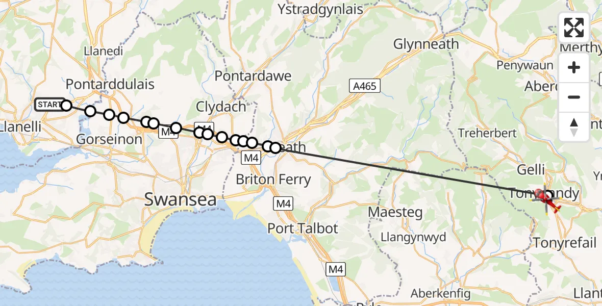 Flight path map showing Air Ambulance Helicopter route from Dafen to Tonypandy
