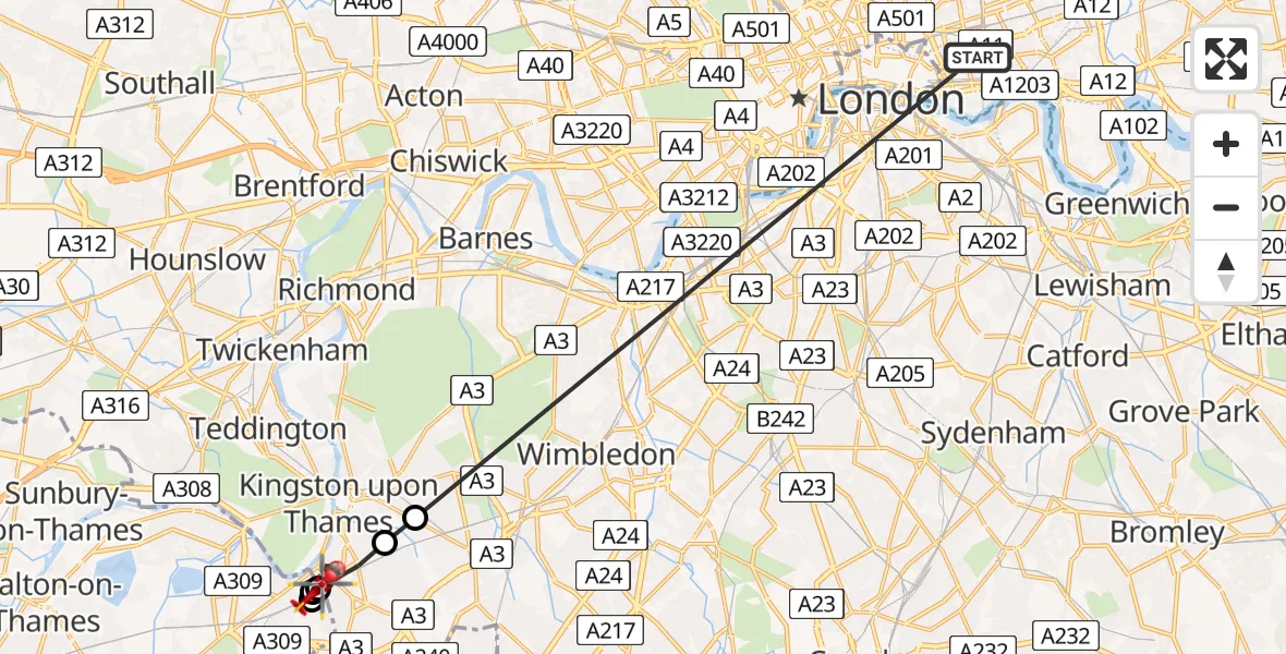 Flight path map showing Air Ambulance Helicopter route from Royal London Hospital to Surbiton
