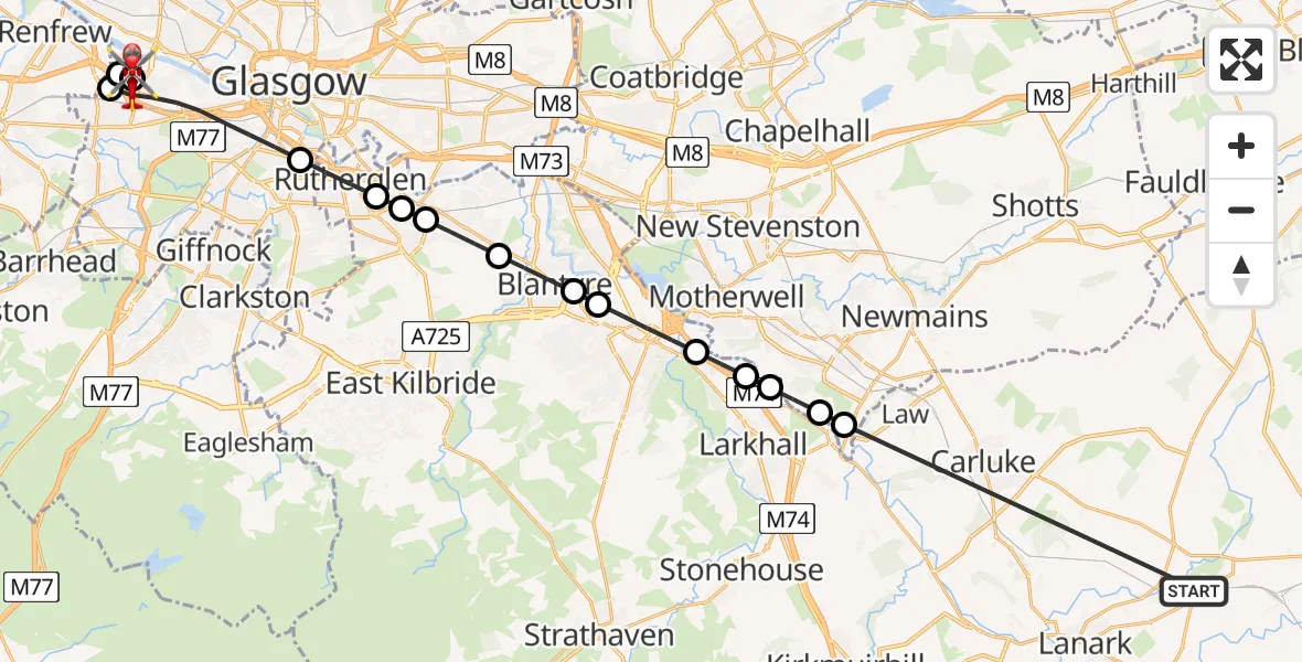 Flight path map showing Air Ambulance Helicopter route from Carstairs to Queen Elizabeth Hospital