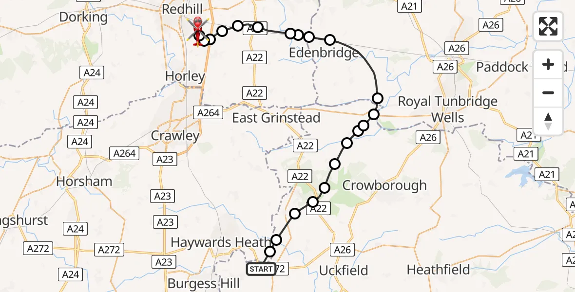 Flight path map showing Air Ambulance Helicopter route from Lewes to Redhill Aerodrome