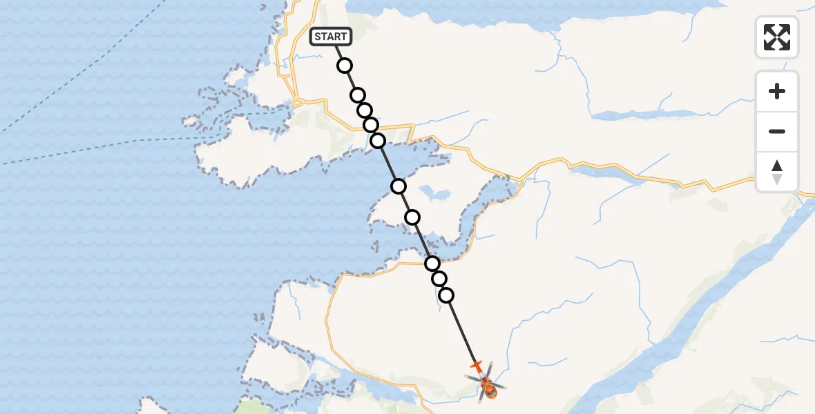 Flight path map showing Coastguard Helicopter route from Inner Seas to Highland
