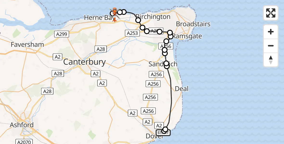Flight path map showing Coastguard Helicopter route from Langdon Battery Heliport to Hillborough