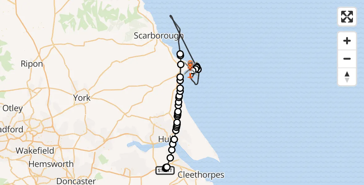 Flight path map showing Coastguard Helicopter route from Humberside Airport to Flamborough