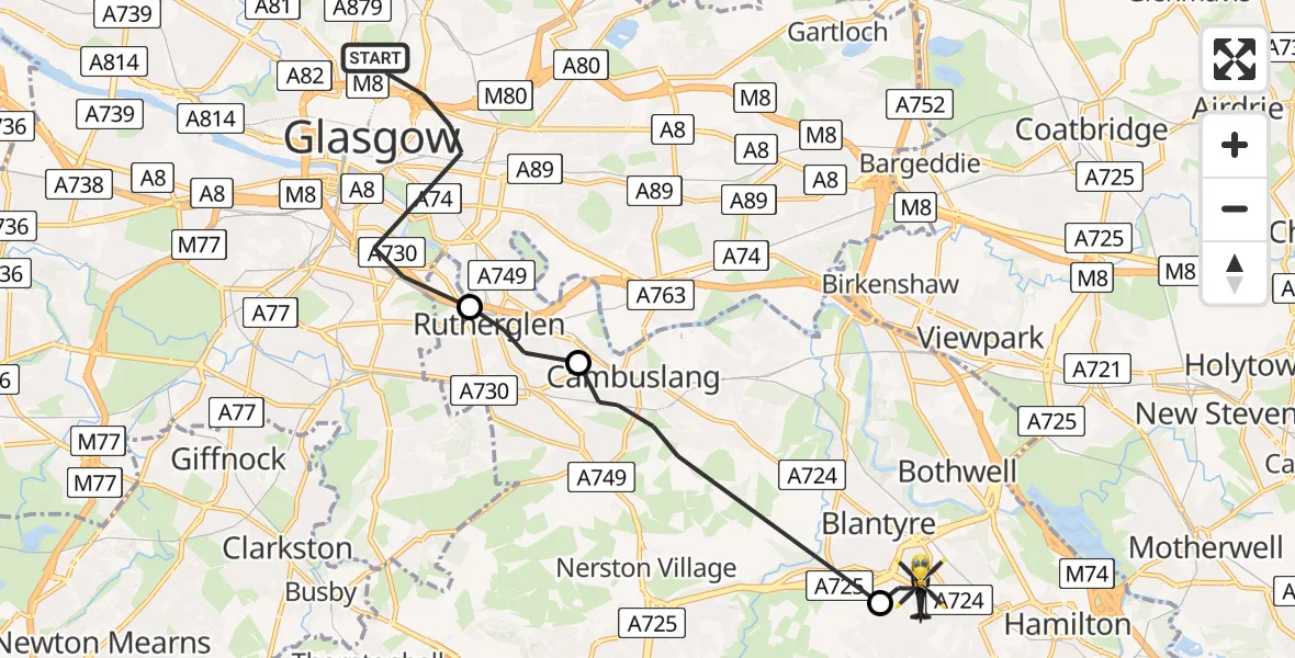 Flight path map showing Police Helicopter route from Glasgow to Blantyre