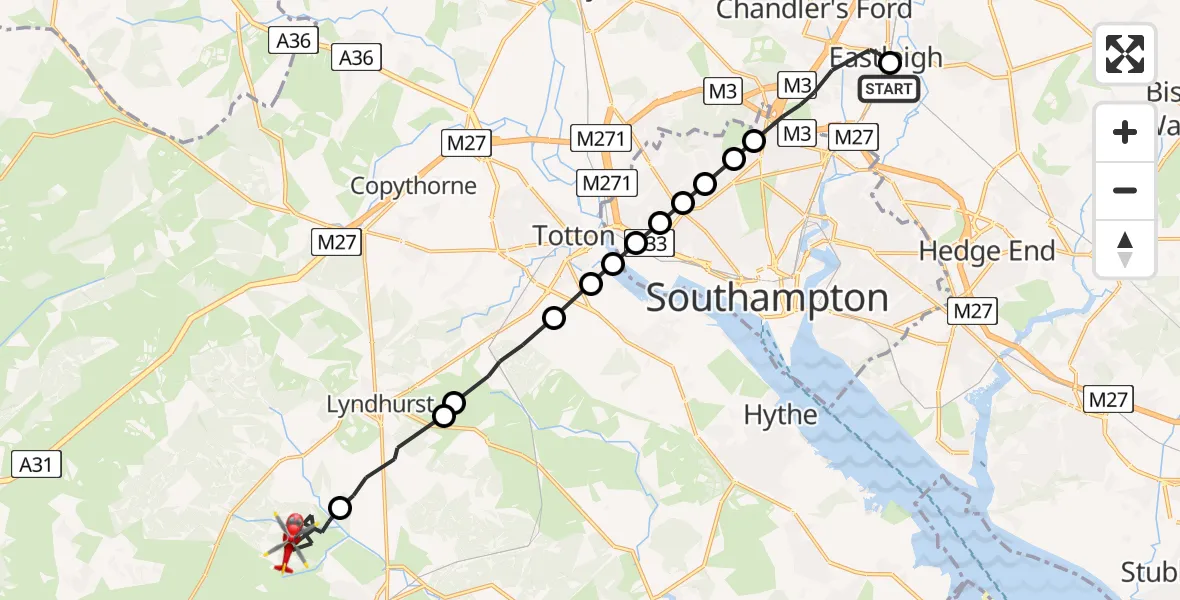 Flight path map showing Air Ambulance Helicopter route from Southampton Airport to Brockenhurst
