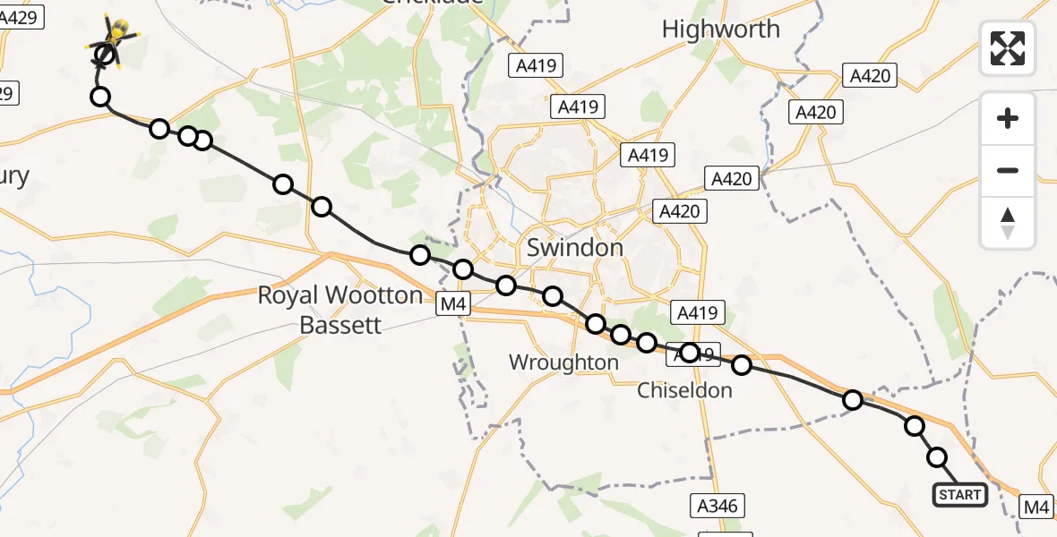 Flight path map showing Police Helicopter route from Baydon to Upper Minety