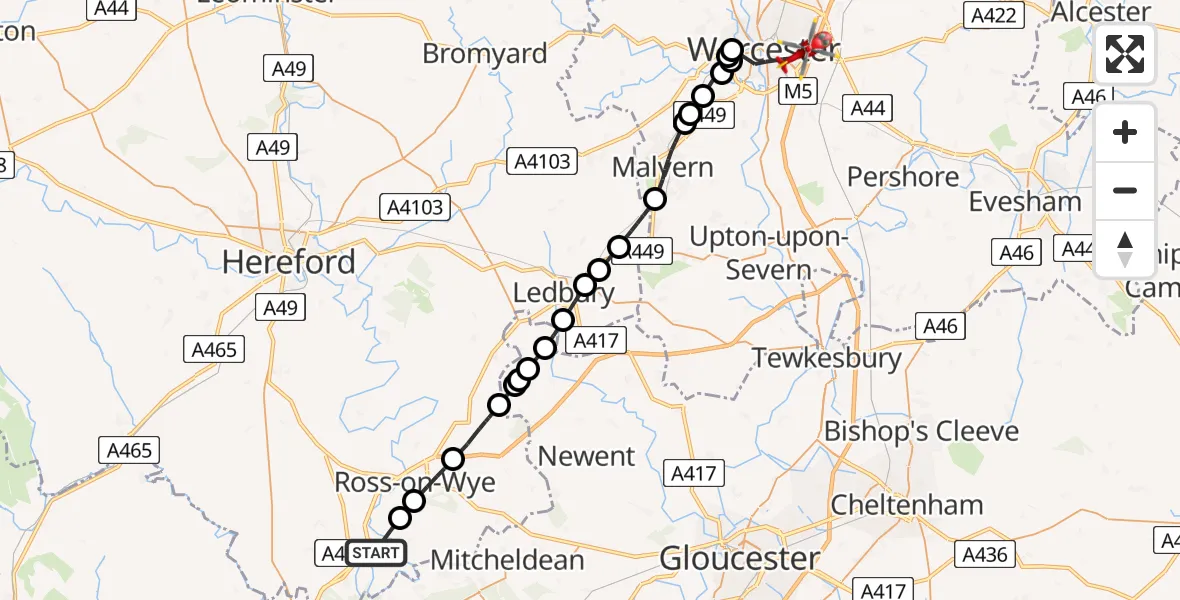 Flight path map showing Air Ambulance Helicopter route from Goodrich to Worcester