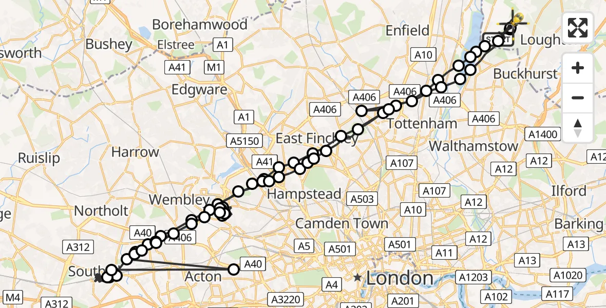 Flight path map showing Police Helicopter route from Chingford to Metropolitan Police Air Support Unit Lippitts Hill