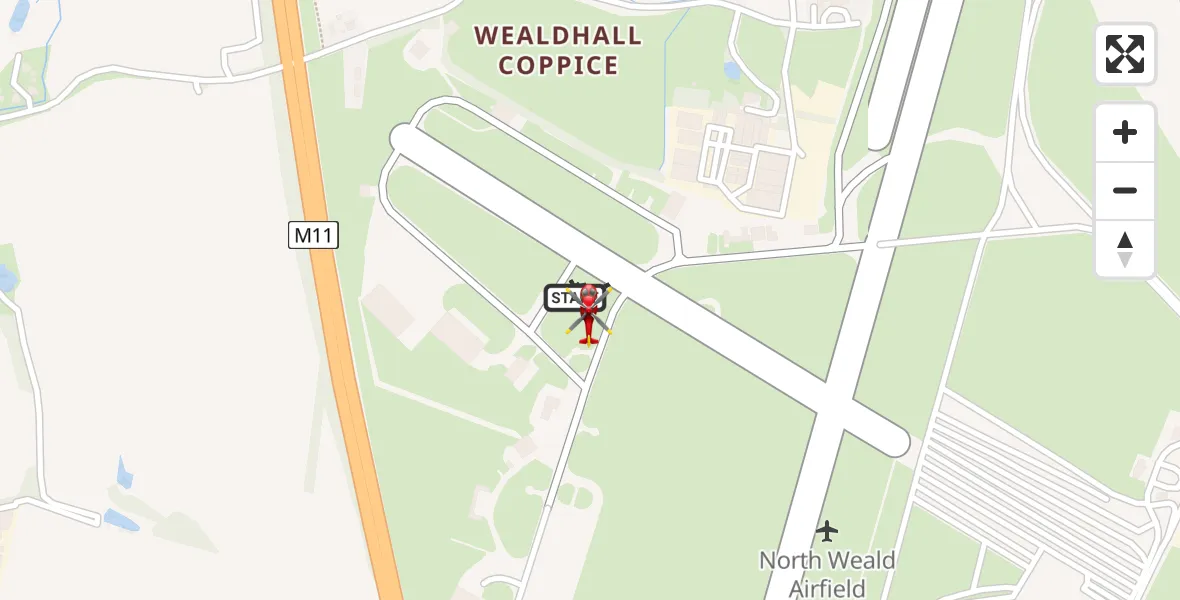 Flight path map showing Air Ambulance Helicopter route from North Weald Airfield to North Weald Airfield