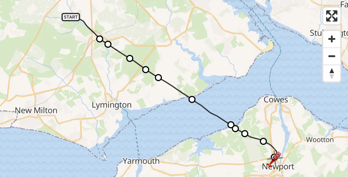 Flight path map showing Air Ambulance Helicopter route from Brockenhurst to Newport