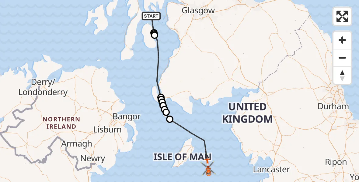 Flight path map showing Coastguard Helicopter route from Inner Seas to Irish Sea