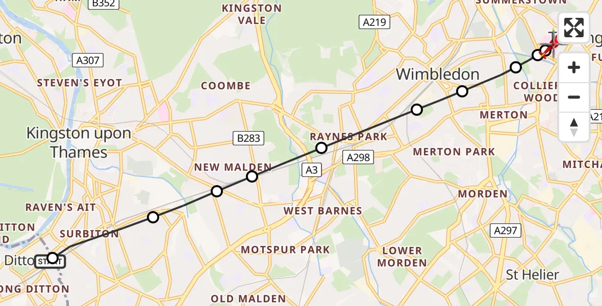 Flight path map showing Air Ambulance Helicopter route from Long Ditton to St Georges Hospital
