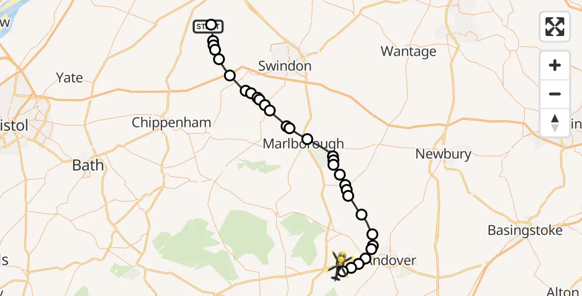 Flight path map showing Police Helicopter route from Oaksey Park Airfield to Test Valley