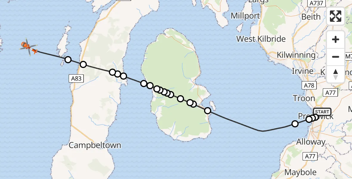 Flight path map showing Coastguard Helicopter route from Glasgow Prestwick Airport to Inner Seas
