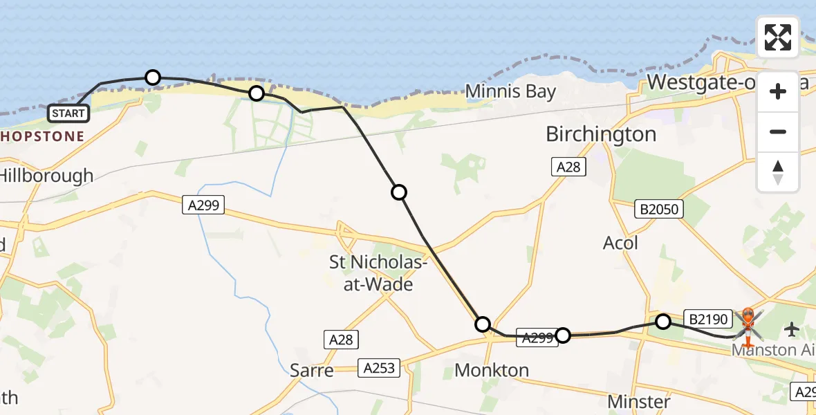 Flight path map showing Coastguard Helicopter route from Hillborough to Manston Airport