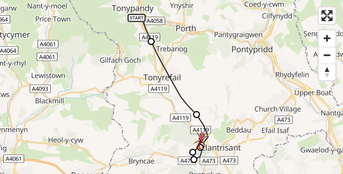 Flight path map showing Air Ambulance Helicopter route from Tonypandy to Llantrisant
