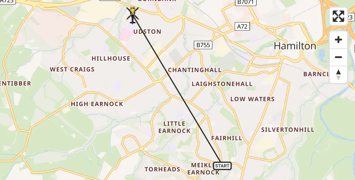 Flight path map showing Police Helicopter route from Hamilton to Blantyre