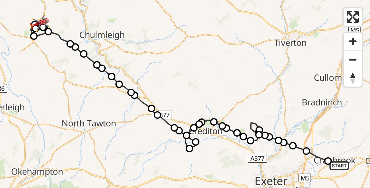 Flight path map showing Air Ambulance Helicopter route from Rockbeare to Eaglescott Airfield