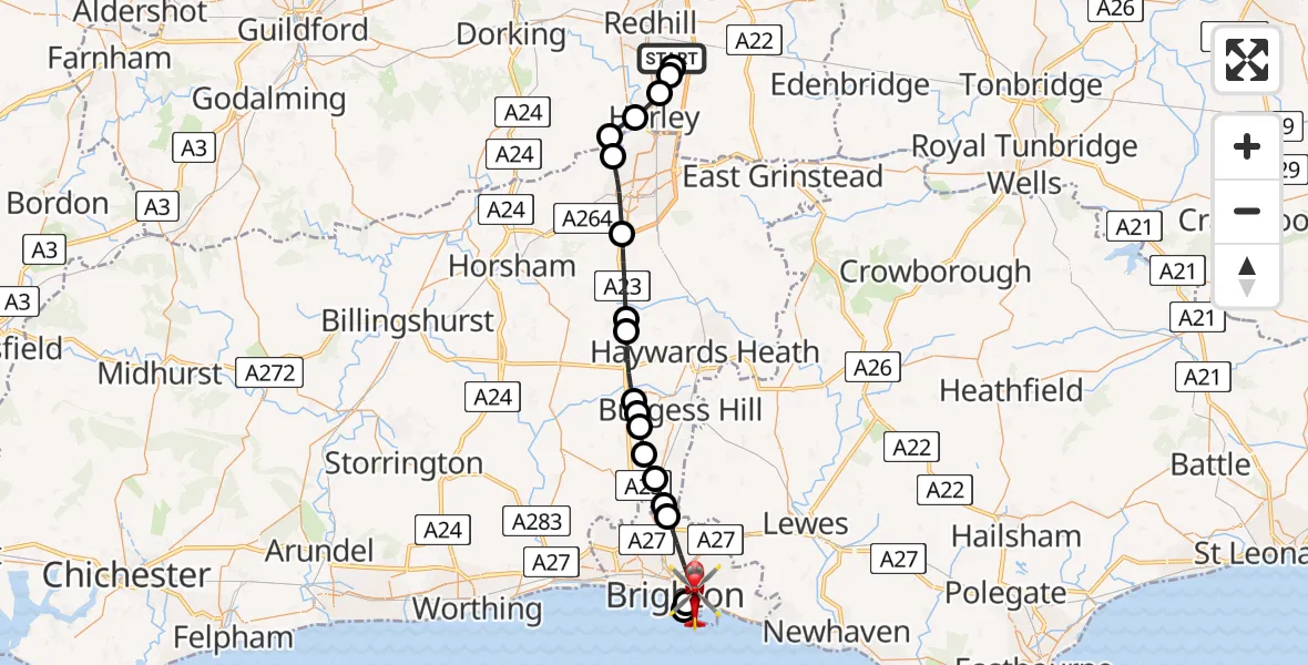 Flight path map showing Air Ambulance Helicopter route from Redhill Aerodrome to Brighton