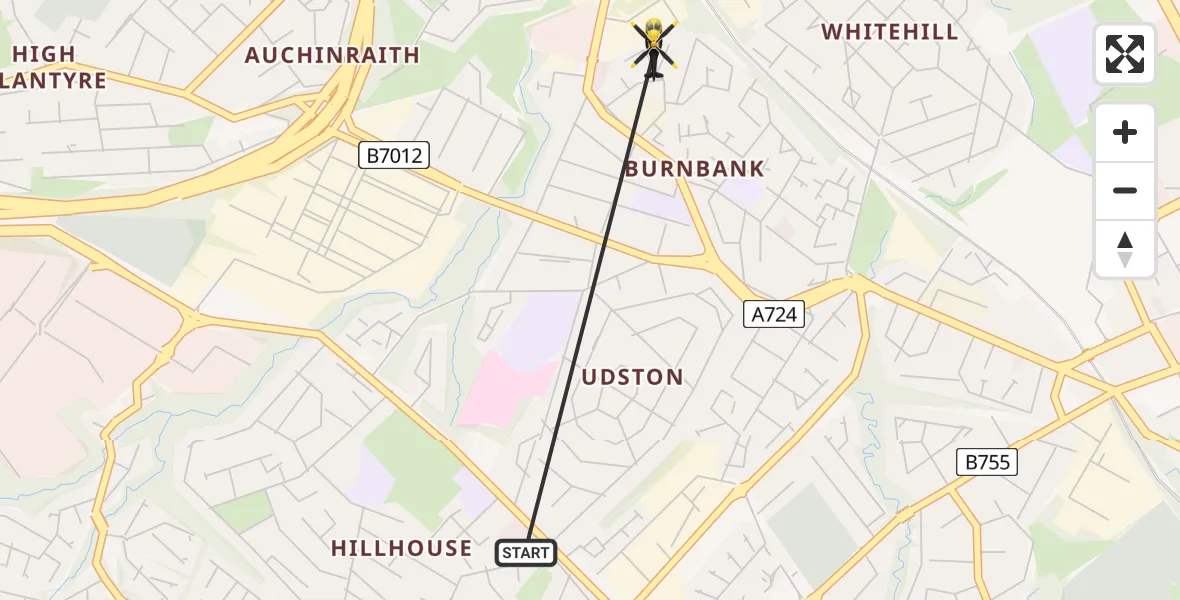 Flight path map showing Police Helicopter route from Blantyre to Bothwell