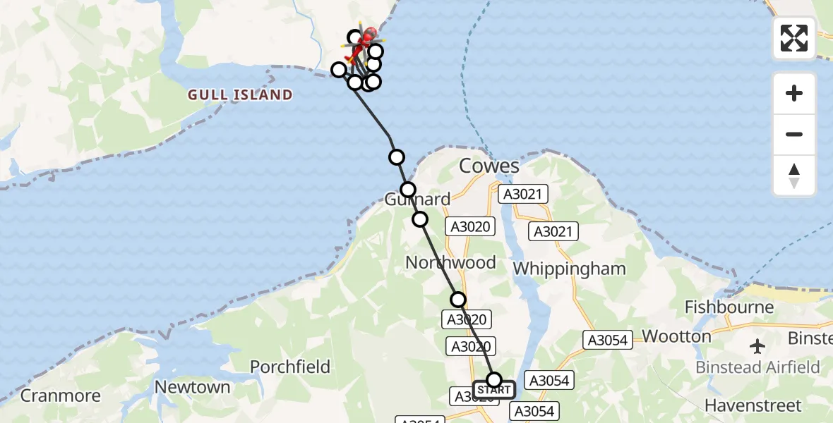Flight path map showing Air Ambulance Helicopter route from St Marys Hospital Isle Of Wight to New Forest