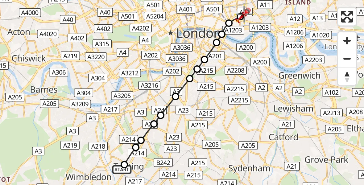 Flight path map showing Air Ambulance Helicopter route from St Georges Hospital to Royal London Hospital