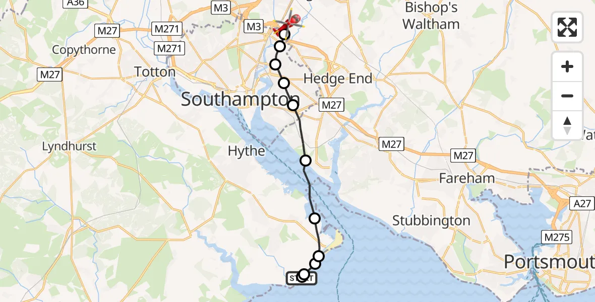 Flight path map showing Air Ambulance Helicopter route from Calshot to Southampton Airport