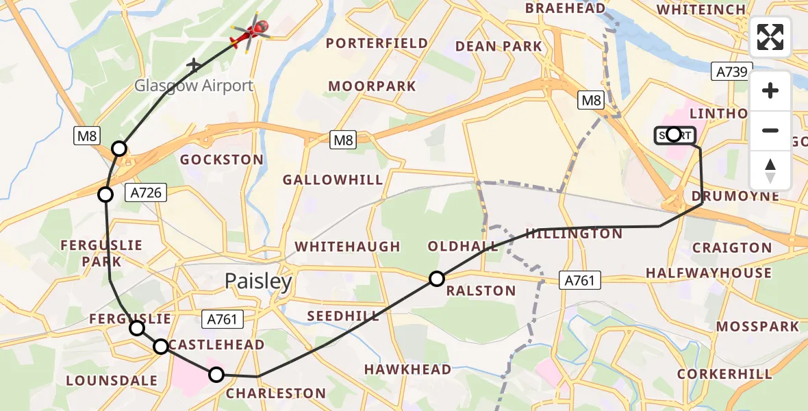 Flight path map showing Air Ambulance Helicopter route from Queen Elizabeth Hospital to Glasgow Airport