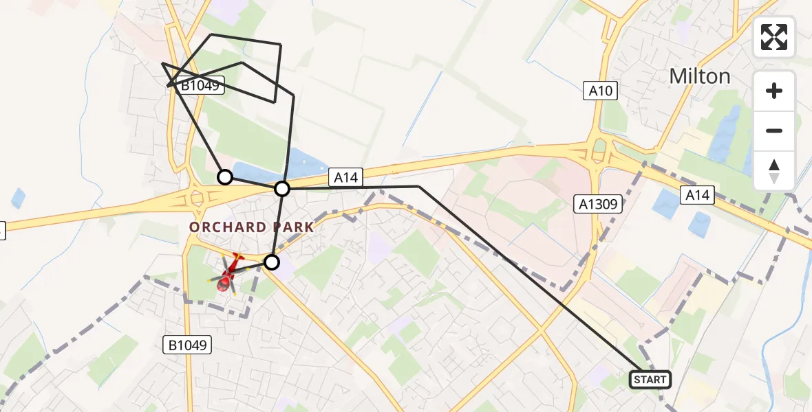 Flight path map showing Air Ambulance Helicopter route from Cambridge to Impington