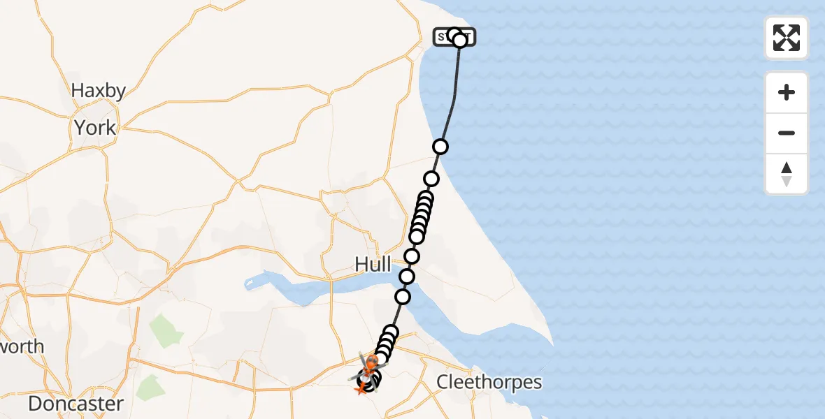 Flight path map showing Coastguard Helicopter route from Bridlington to Humberside Airport