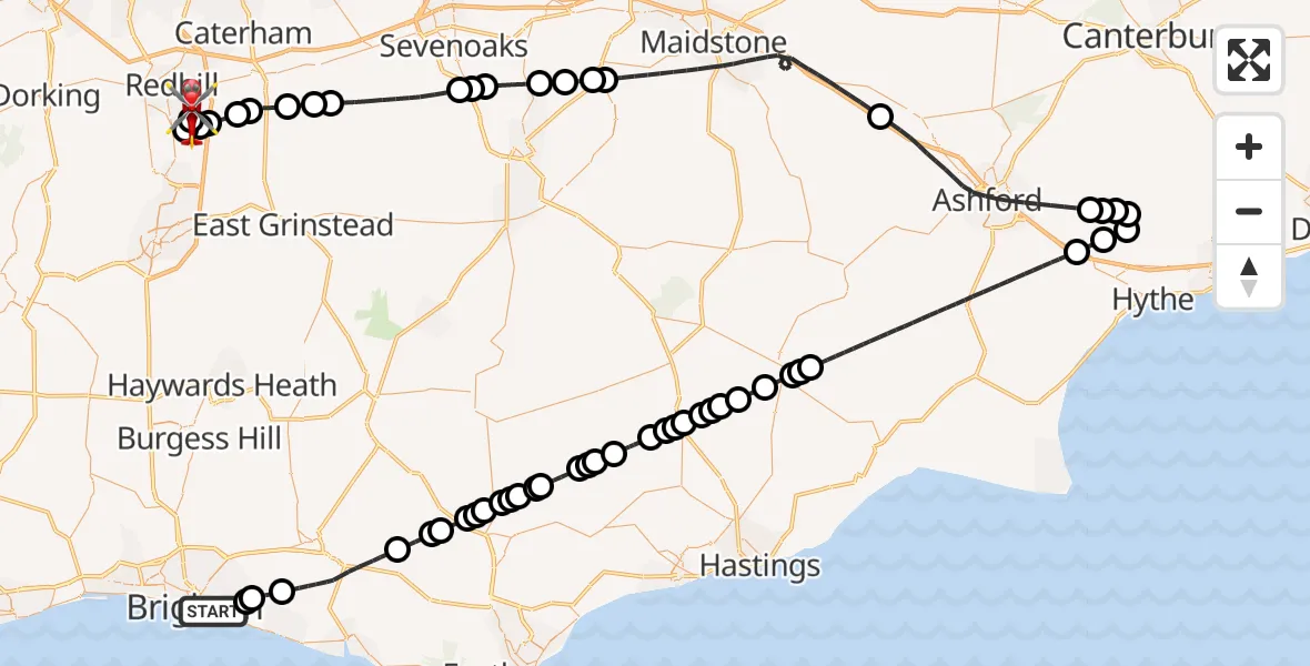 Flight path map showing Air Ambulance Helicopter route from Brighton to Redhill Aerodrome