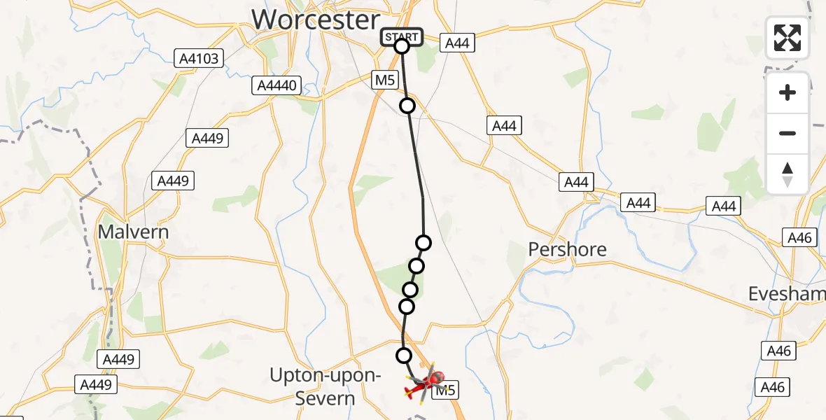 Flight path map showing Air Ambulance Helicopter route from Wychavon to Upper Strensham