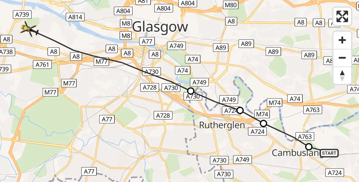 Flight path map showing Police Helicopter route from Cambuslang to Glasgow