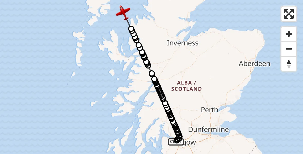 Flight path map showing Air Ambulance Aircraft route from Glasgow Airport to Inner Seas