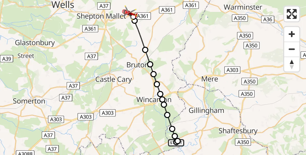 Flight path map showing Air Ambulance Helicopter route from Henstridge Airfield to Cranmore