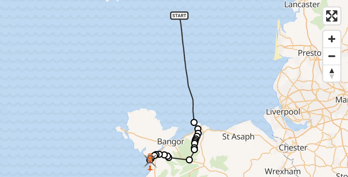 Flight path map showing Coastguard Helicopter route from Irish Sea to Caernarfon Airport