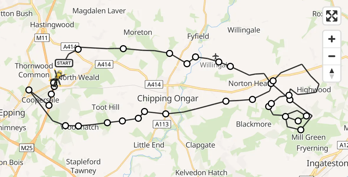 Flight path map showing Police Helicopter route from North Weald Airfield to North Weald Airfield