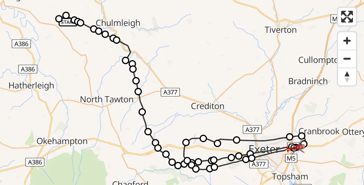 Flight path map showing Air Ambulance Helicopter route from Riddlecombe to Clyst St Mary