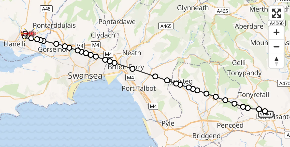 Flight path map showing Air Ambulance Helicopter route from Royal Glamorgan Hospital Heliport to Dafen